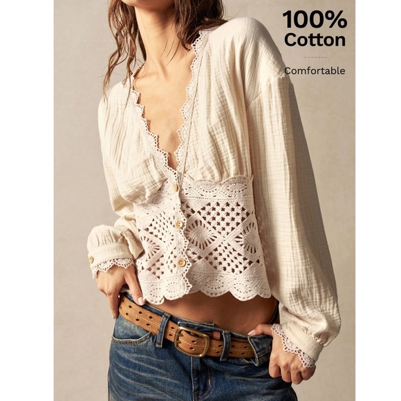 Cotton Bohemian Shirt in Beige Crochet Lace Detailed V-Neck Long Lantern Sleeve - Picture 2 of 9